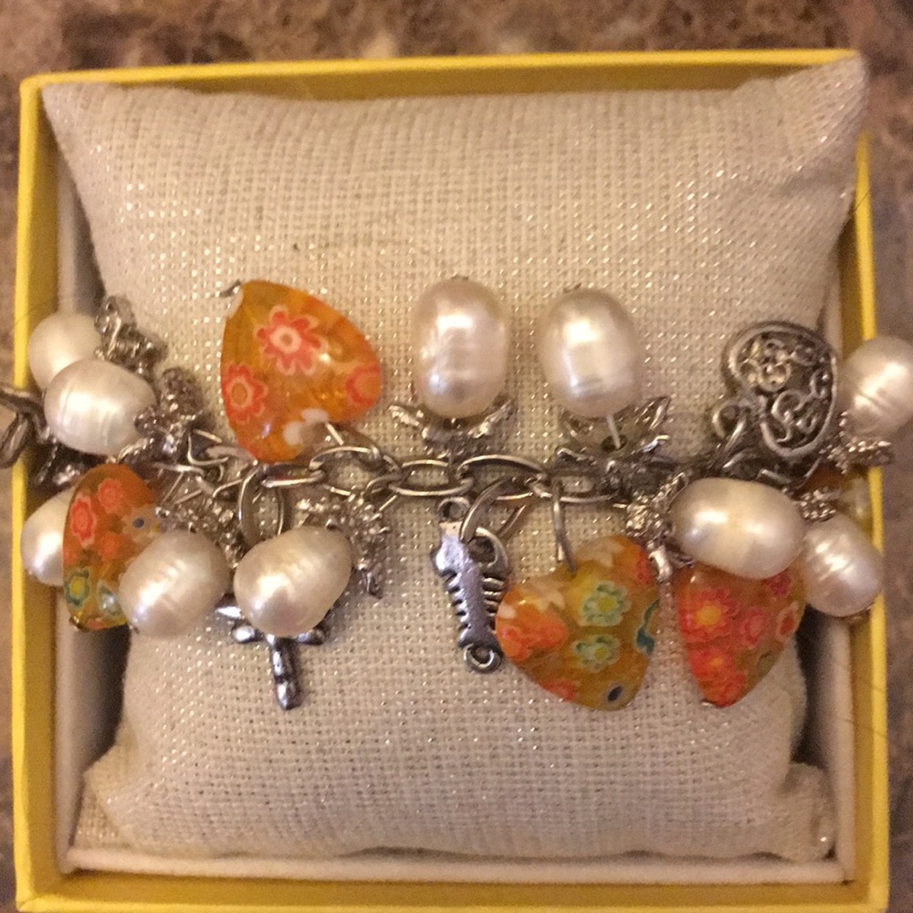 Peach Orange Beads and Pearl Bracelet